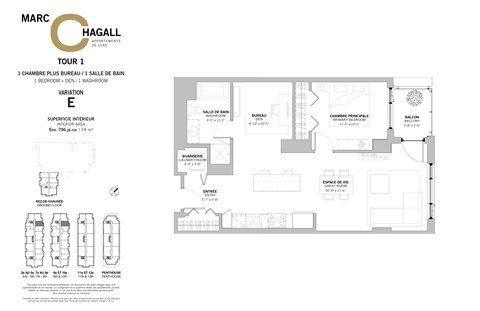 A floor plan for a one bedroom, one bathroom apartment with a den at Marc Chagall Apartments in Côte Saint-Luc.